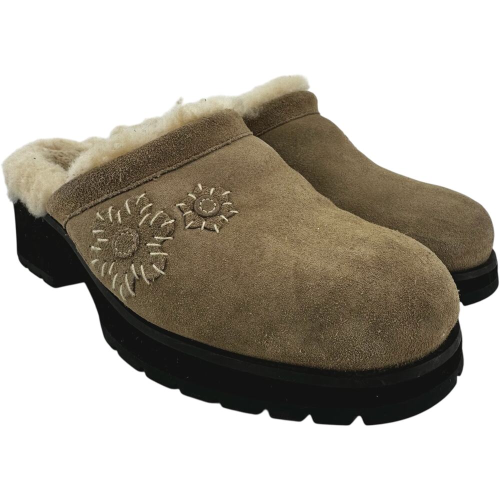 Ugg Solvang Clogs Y2K Suede Sheepskin Shearling Chunky Block Heel Floral Beige 6